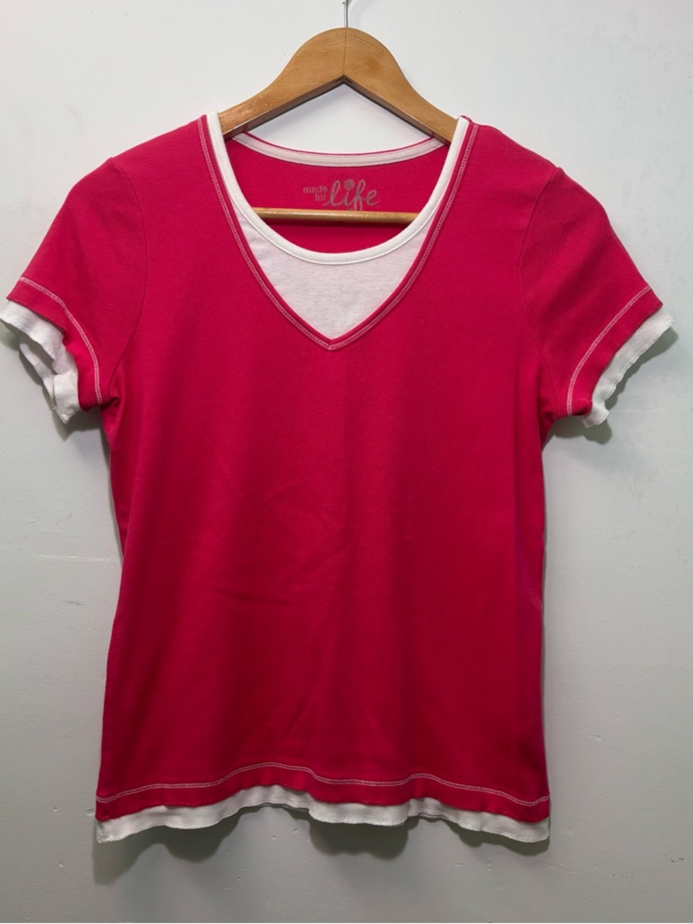 Y2K made for life and Fuchsia Layered V-Neck Tee with White Trim